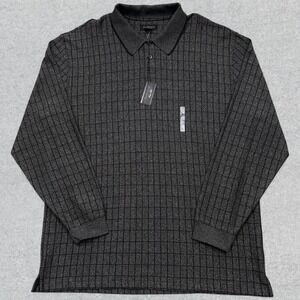 NEW Van Heusen Polo Shirt Men's XL Black Gray Grid Long Sleeve Stretch Classy